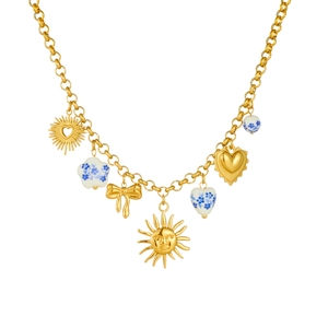 Golden stainless steel jewelry set with sun, heart, and ceramic print charms on white base