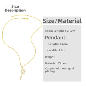 Detail view of gold-plated tennis racket pendant with white zircon and chain specs