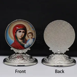 Silver Orthodox religious tabletop ornament featuring Virgin Mary and Child front and back
