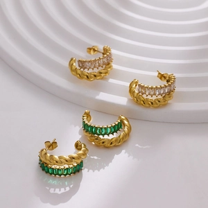 Vintage gold twisted hoop earrings with white and emerald green rectangular zircon stones