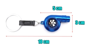 Blue alloy turbo keychain with leather strap and metal ring showing 10cm total length