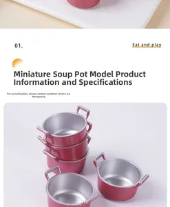 Detailed view of red miniature soup pot models with handles for dollhouse kitchen