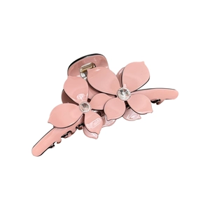 Pink acetate flower hair claw clip with crystal rhinestones for elegant styling
