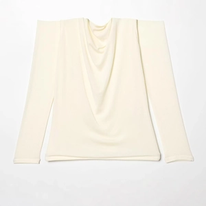 Elegant cream white double-layered long sleeve top with draped neck in ribbed knit fabric