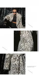 Detail of faux fox fur coat with leopard print showing plush texture and wide lapels