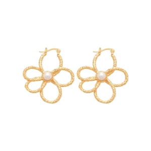 Elegant gold metal flower earrings with central white pearl on a clean white background