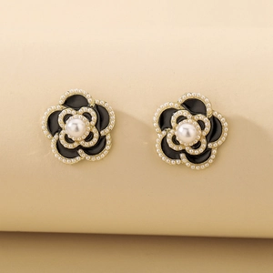 Camellia Flower Stud Earrings Vintage French Style Enamel Imitation Artificial Pearl With 925 Sterling Silver Earring Post