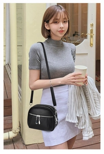 Detail of a black pebbled PU leather crossbody bag with multiple zipper compartments
