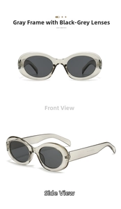 Detail view of oval grey transparent sunglasses showing front and side frame profiles