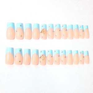 Blue French press-on nails with 3D butterfly charms and crystals set of 24 pieces