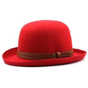 Detail of red wool bowler hat with brown leather belt trim and metal rivet hardware