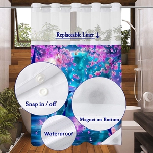 Detail of waterproof snap-in liner and magnetic weighted hem on cherry blossom shower curtain