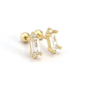 Elegant 925 silver gold-plated stud earrings with rectangle and round cubic zirconia
