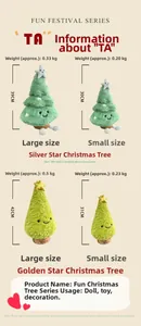 Size chart for cute cartoon plush Christmas tree dolls showing height and weight details