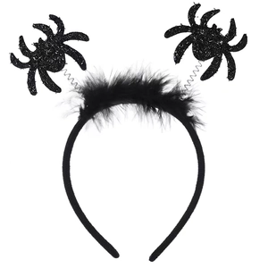 Detail of Halloween headband with black feathers and spring-loaded glitter spiders