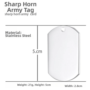 Detailed size specifications for the 5cm by 2.8cm stainless steel military dog tag pendant