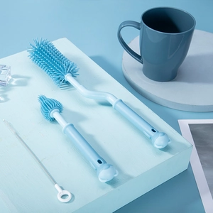 Set da 3 pezzi di spazzole per biberon in silicone blu con manici rotanti a 360 gradi