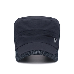 Quick-dry flat top military cap with breathable mesh panels and metal shield detail