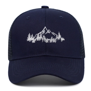 Detailed mountain and forest embroidery on navy blue trucker mesh baseball cap