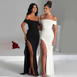 Robe Longue À Épaules Dénudées Pour Femmes Froncée Dos Nu Fente Haute Sexy Élégante Ajustée Soirée Polyester