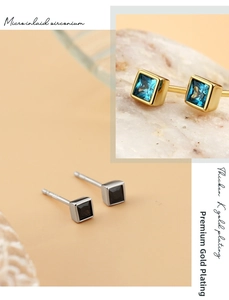 Macro view of micro-inlaid square zircon earrings showing detailed gold plating quality