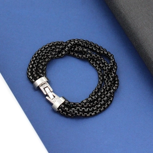 Multi-layer black chain bracelet with a square silver embossed jewelry clasp