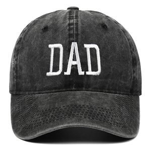 Classic washed cotton baseball cap in black with white DAD embroidery and curved brim