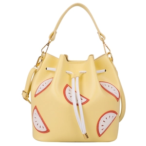 Yellow PU leather bucket bag with lemon fruit patches and drawstring closure