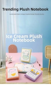 Detalle de cuaderno de peluche con bordado colorido y páginas ilustradas