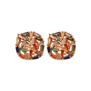 Colorful square zircon stud earrings with gold plating and vibrant rectangle cut gems
