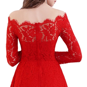 Elegant red lace off-the-shoulder evening dress with long sleeves and floral patterns