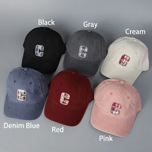 Washed cotton baseball caps in six colors with plaid C letter embroidery and classic design