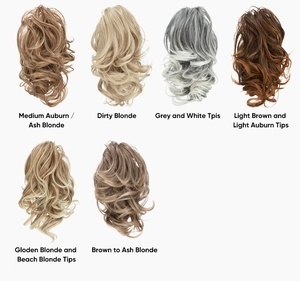 Detailed comparison of six different curly synthetic hair wrap colors on a white background