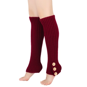 Detail view of burgundy knitted leg warmers with vertical ribs and three wooden buttons