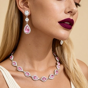 Parure Bijoux Collier Et Boucles D Oreilles Style Palais Goutte D Eau Strass Incrusté Cuivre Luxe Pour Femmes