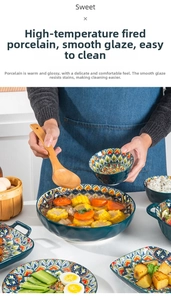Detail of bohemian ceramic tableware with mandala patterns and smooth glazed finish