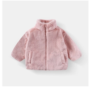 Detailed close-up of soft pink faux rabbit fur texture and stand collar on kids coat