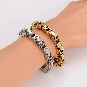 Vintage hip hop square link chain bracelet in polished gold and silver stainless steel