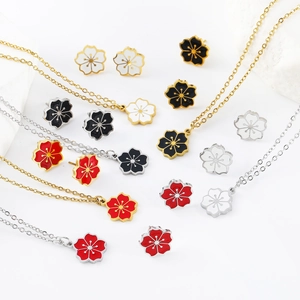 Flower Jewelry Necklace And Stud Earrings 304 Stainless Steel Enamel Floral Vintage Elegant Aesthetic Gift For Women