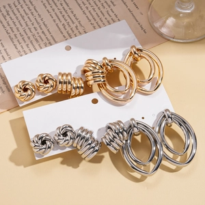 Geometric Knot Textured Hoop Double Oval Drop Earrings With 925 Sterling Silver Earring Post Fashion Jewelry For Women