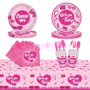 Retro bright pink party tableware set with paper plates and decorative napkins