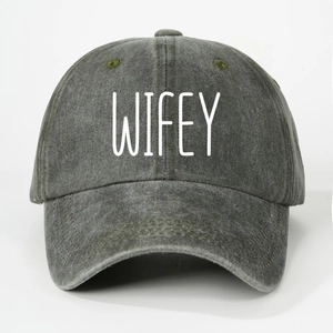 Detailed front view of washed dark grey baseball cap with bold white WIFEY text print