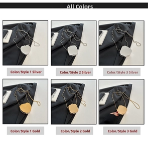 Detail of mini metallic heart and geometric chain bags in gold and silver finishes
