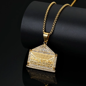 Golden Last Supper pendant necklace with sparkling rhinestones and durable box chain link