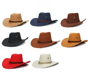 Detailed grid view of assorted suede cowboy hats in eight colors with braided bands