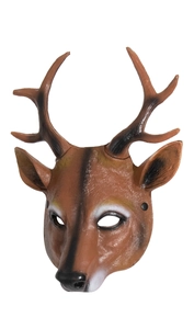 Detail of PU foam deer mask with realistic brown antlers and black stripe accents