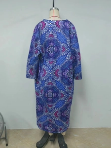 Back view of long sleeve maxi dress with blue and purple mandala floral print pattern