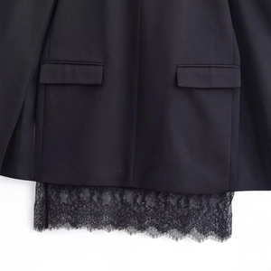 Women's black long sleeve blazer dress featuring elegant lace hem and pocket details