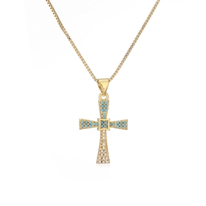 Gold-plated cross pendant necklace with sky blue and white zircon stones on a box chain