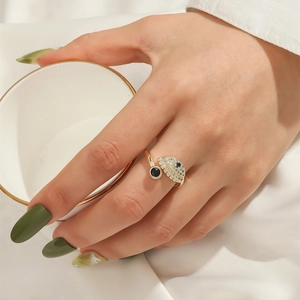 Evil Eye Ring Stainless Steel Adjustable Open Band Rhinestone Zircon Gold Plated Fashion Jewelry For Women